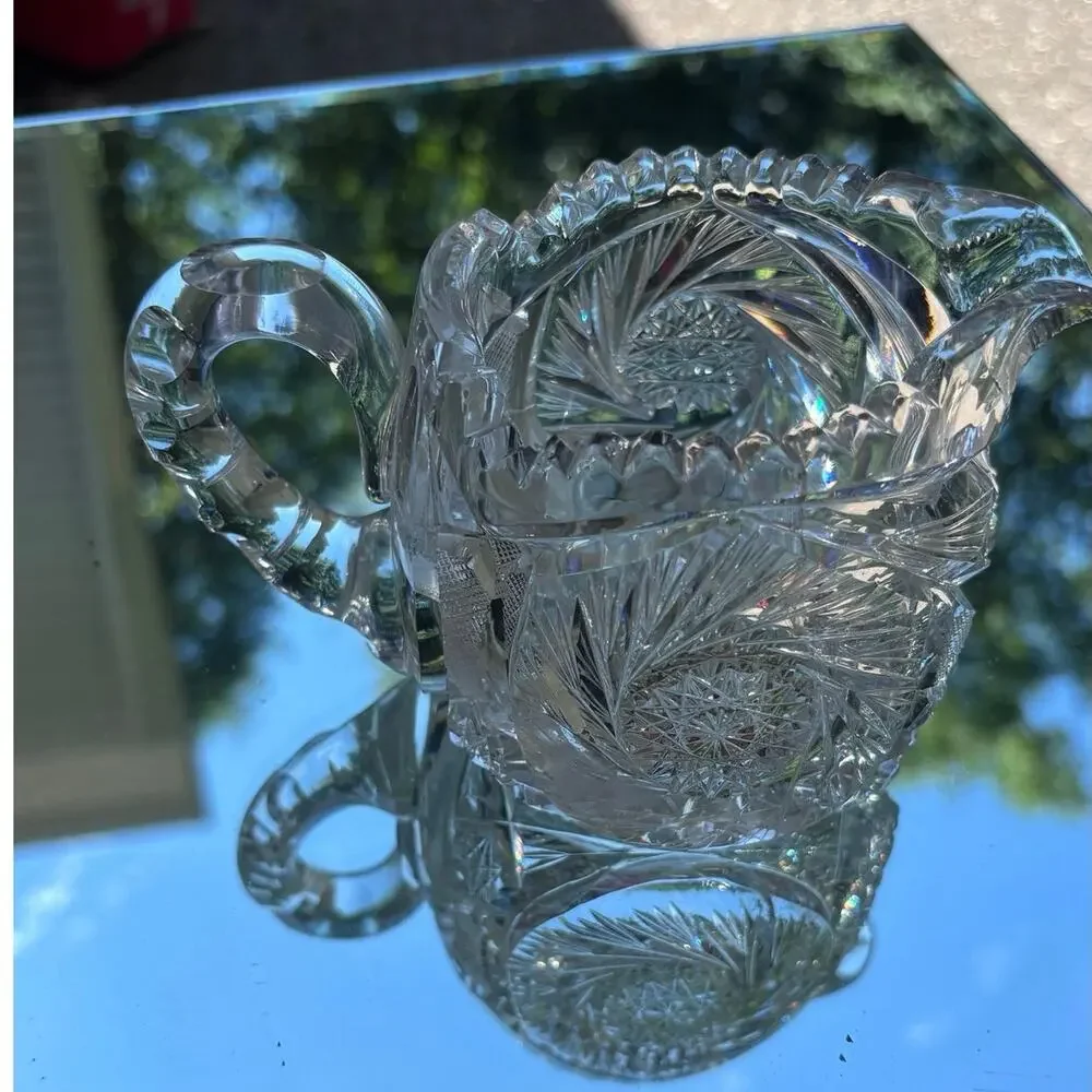 Vintage American Brilliant Period Cut Crystal Glass Creamer Pinwheel Saw Tooth